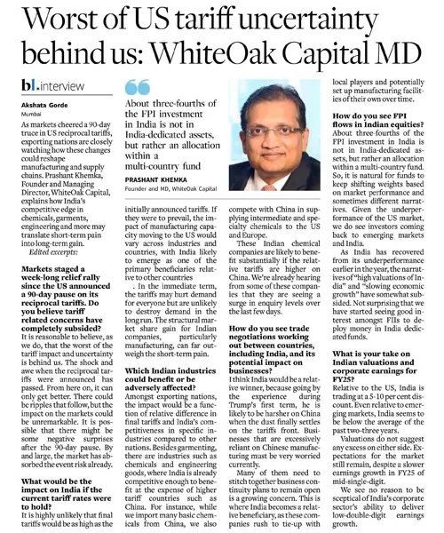 Worst of US tariff uncertainty behind us: WhiteOak Capital MD